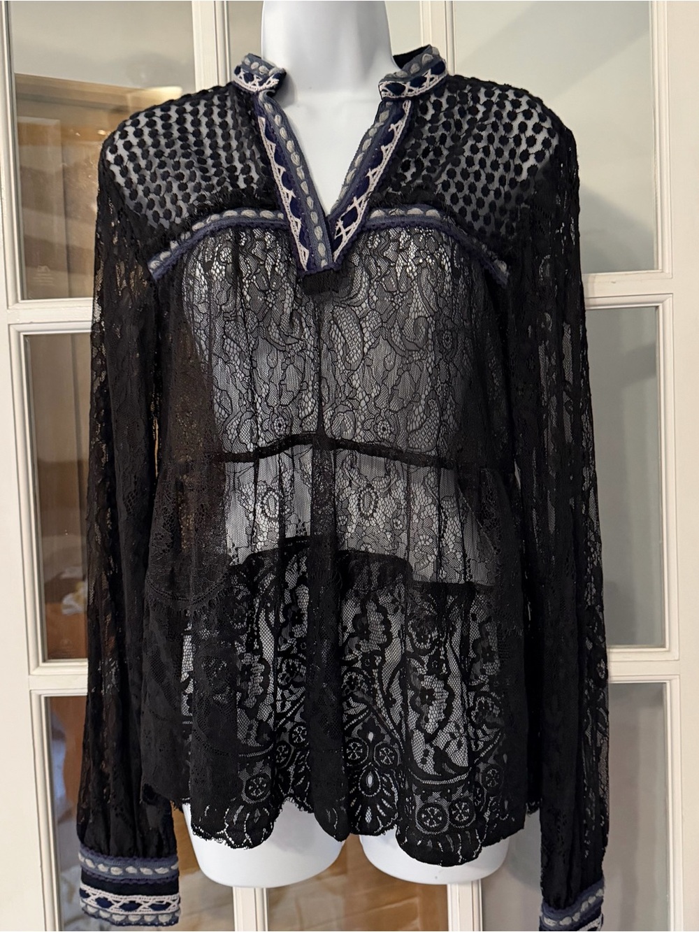 Anthropologie Blank London Sheer Lace Trimmed Blouse NWT Small